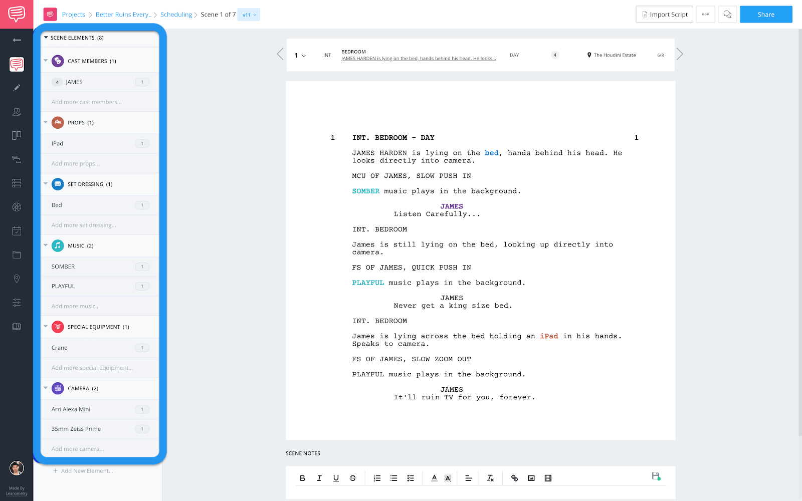 Breakdowns page - Scene elements