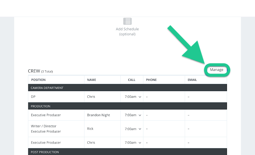 Call sheet builder customize page - Click manage