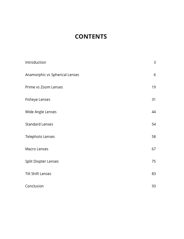 Camera Lenses Explained - Table of Contents - TOC