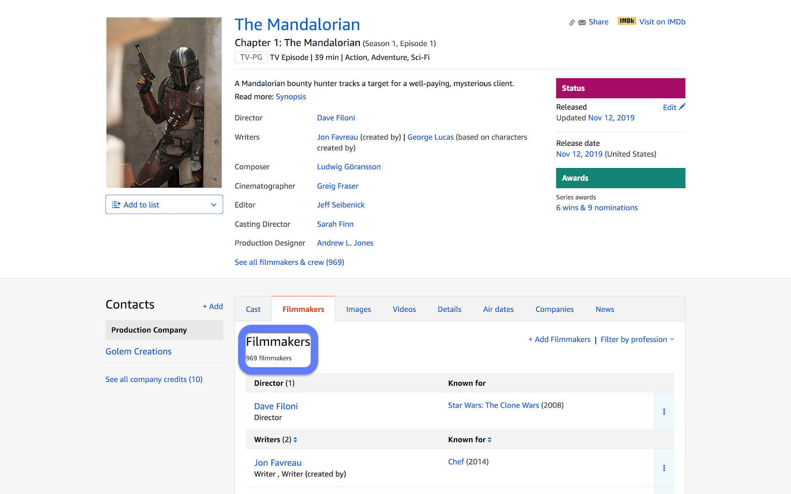 IMDb pro - The Mandalorian crew list