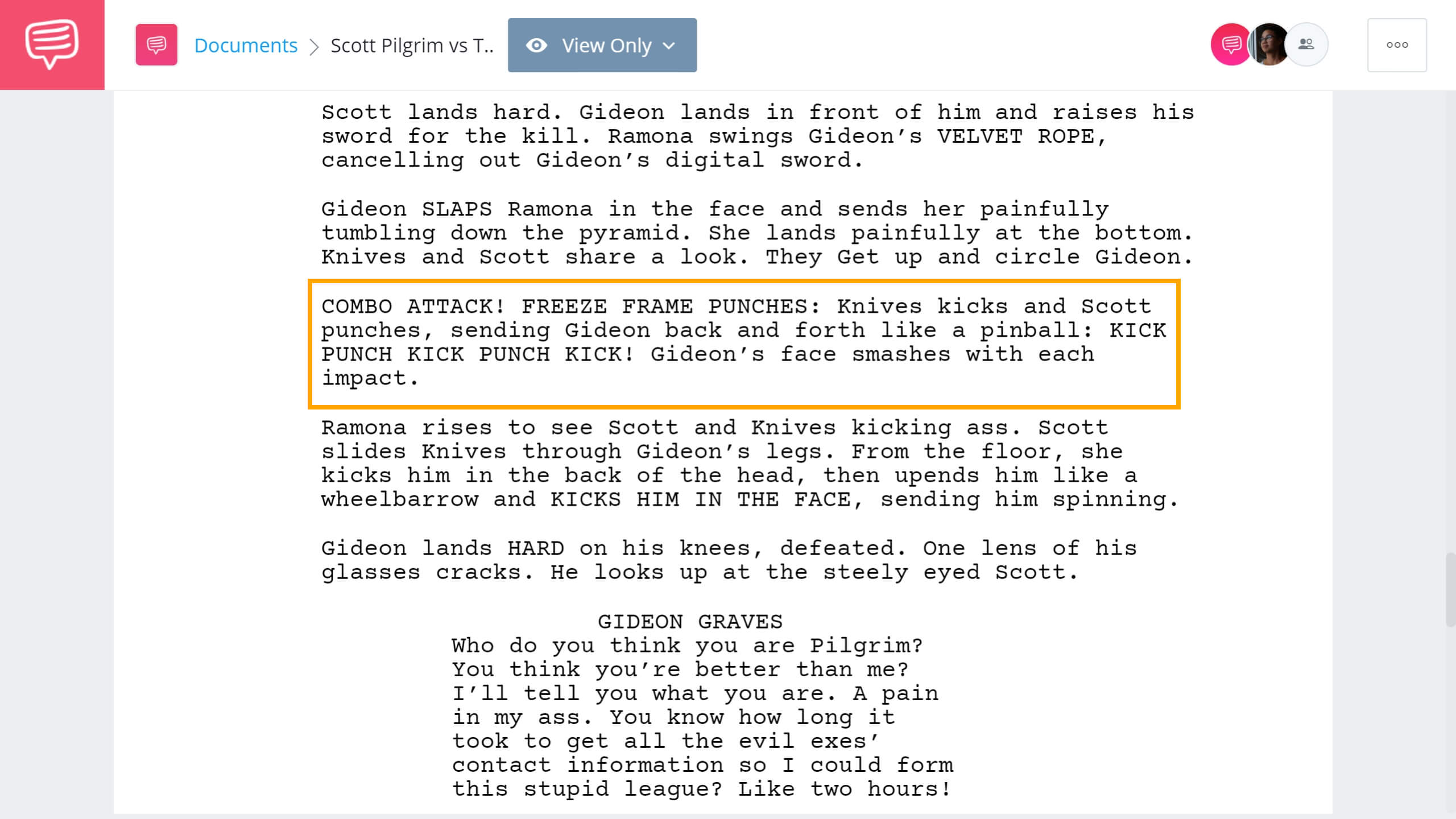 Scott Pilgrim vs The World Script Teardown - Combo Attack Scene - StudioBinder Screenwriting Software