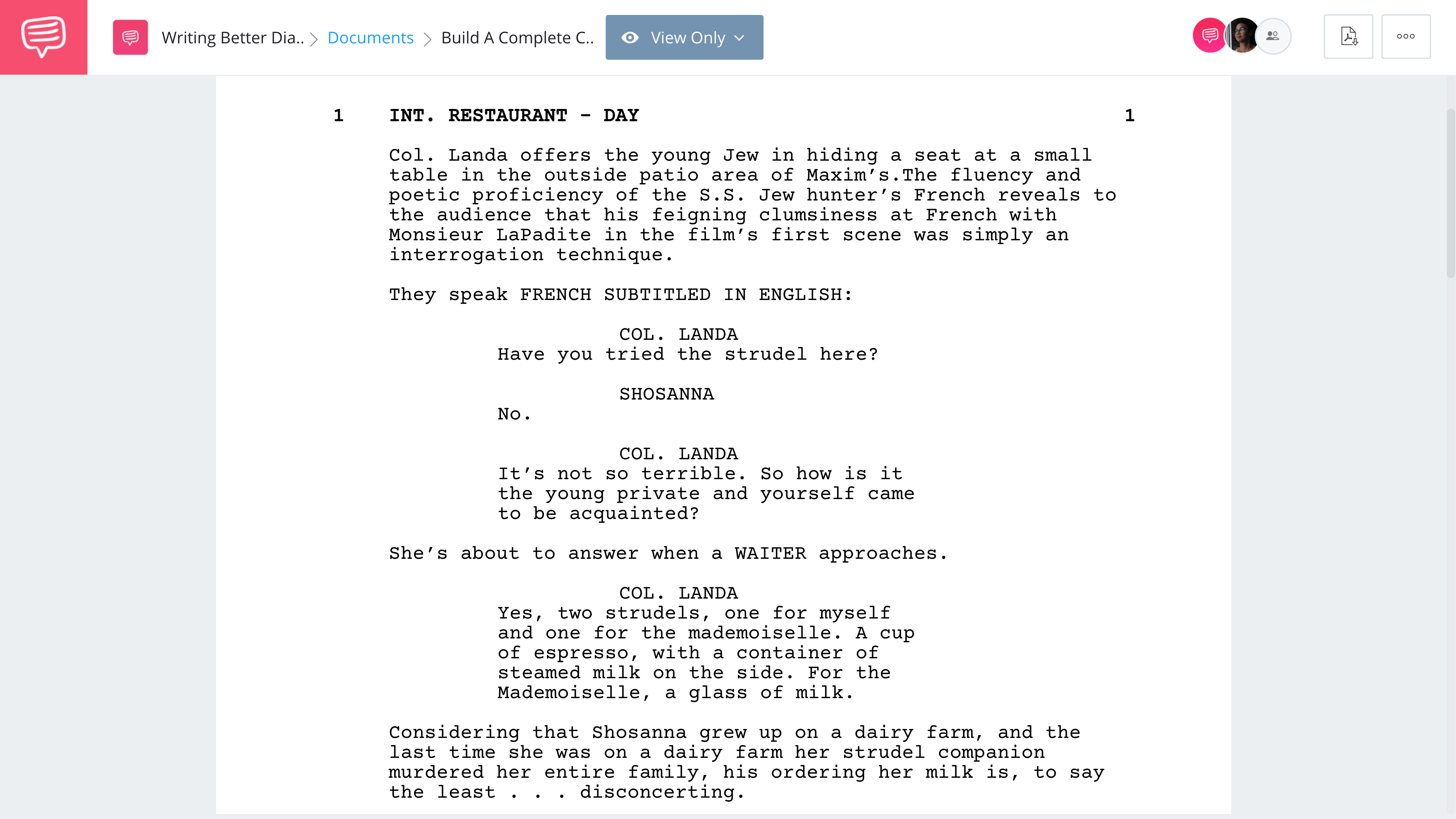 Screenwriting Tips for Better Movie Dialogue - Inglourious Basterds - Strudel Scene - StudioBinder Screenwriting Software