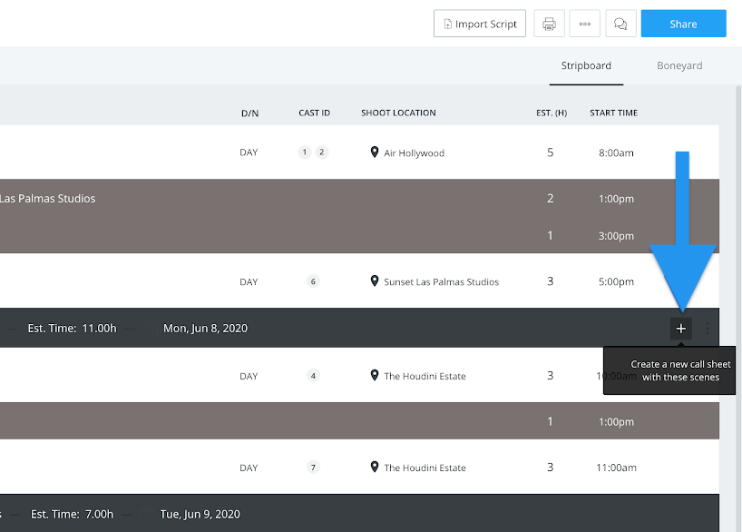 Shooting schedule page - Spin-off call sheet button