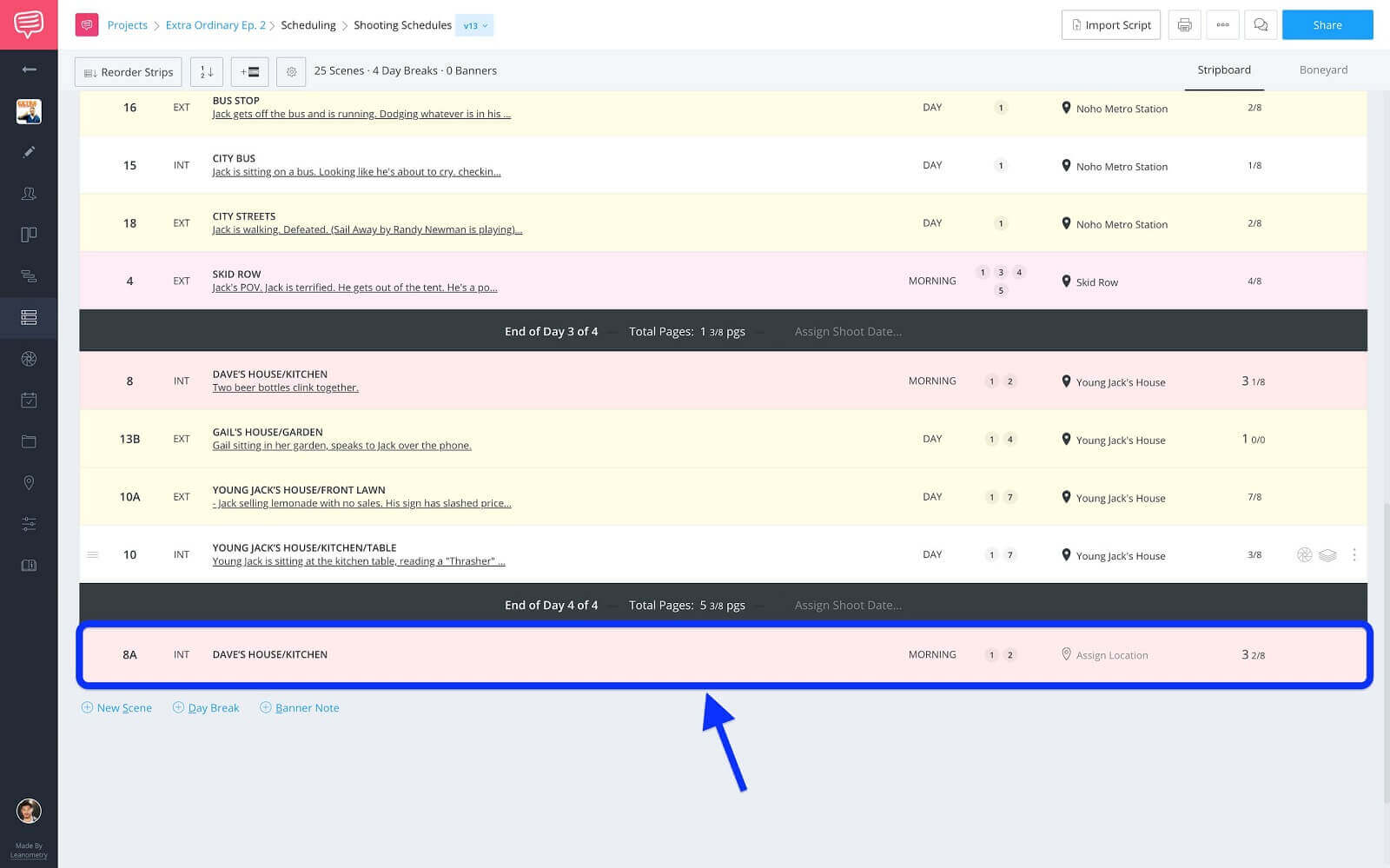 Shooting Schedule Page - New Scene Strip