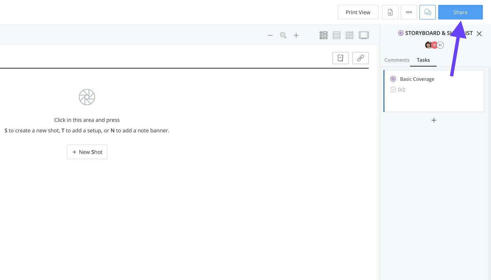 Shot lists & storyboards page - Click share