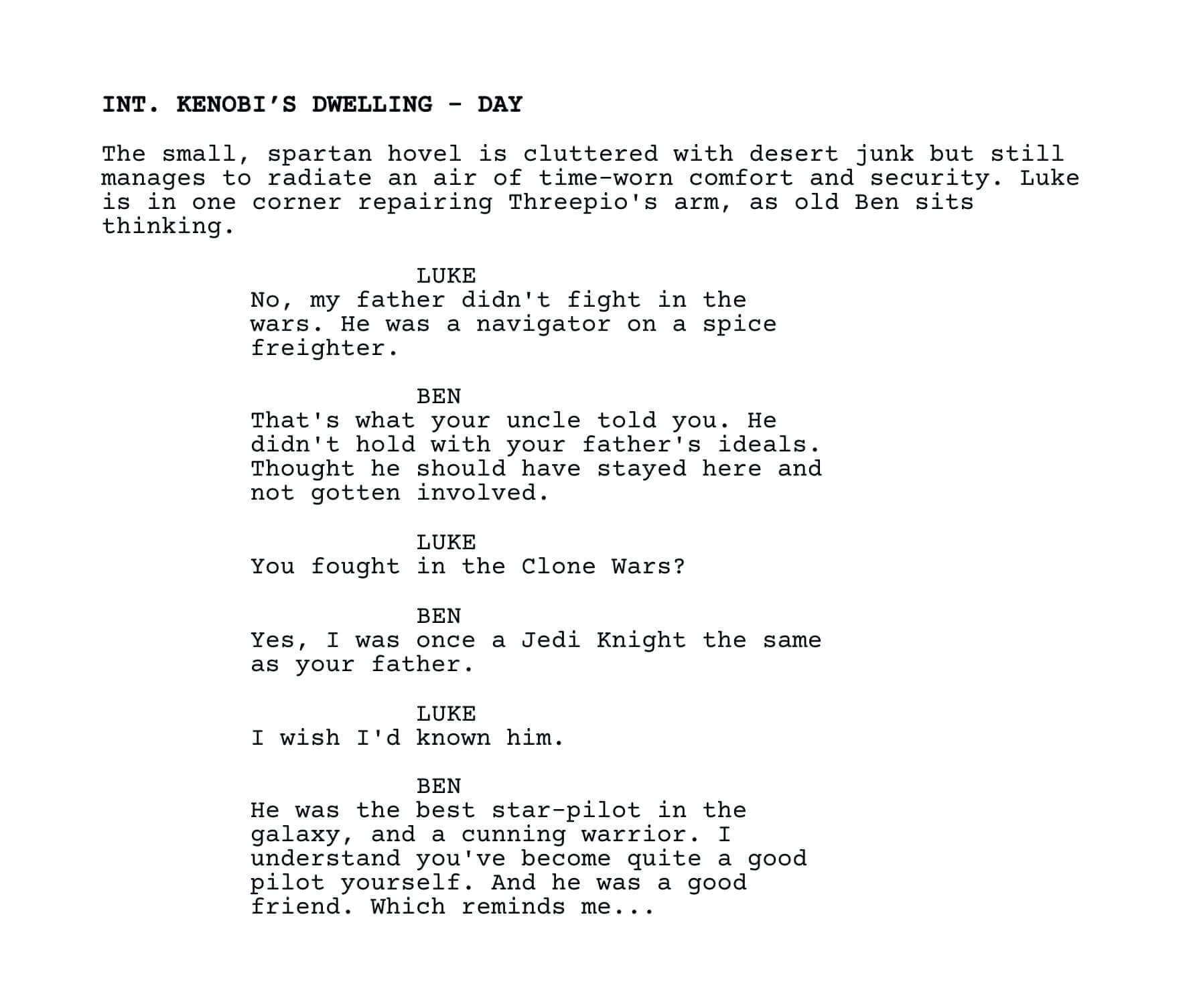 Star Wars A New Hope Script - Screenplay Analysis and PDF Download - Luke and Obi Wan Backstory - Screenwriting Software