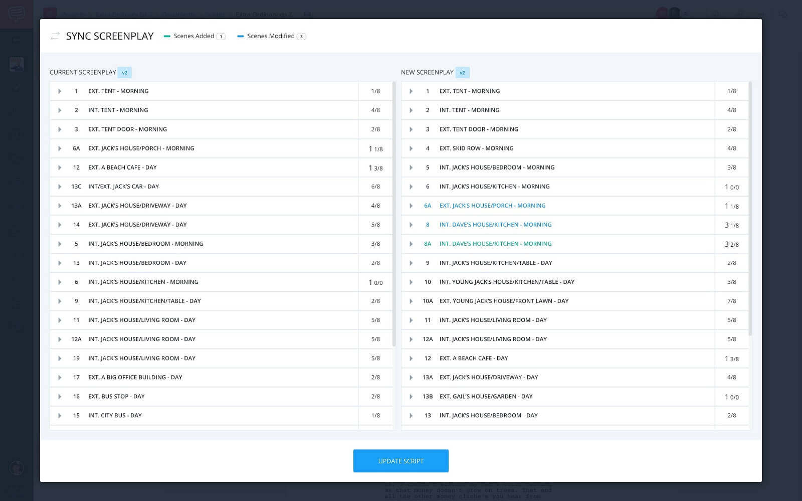 Sync Screenplay Screen - Click Update Script