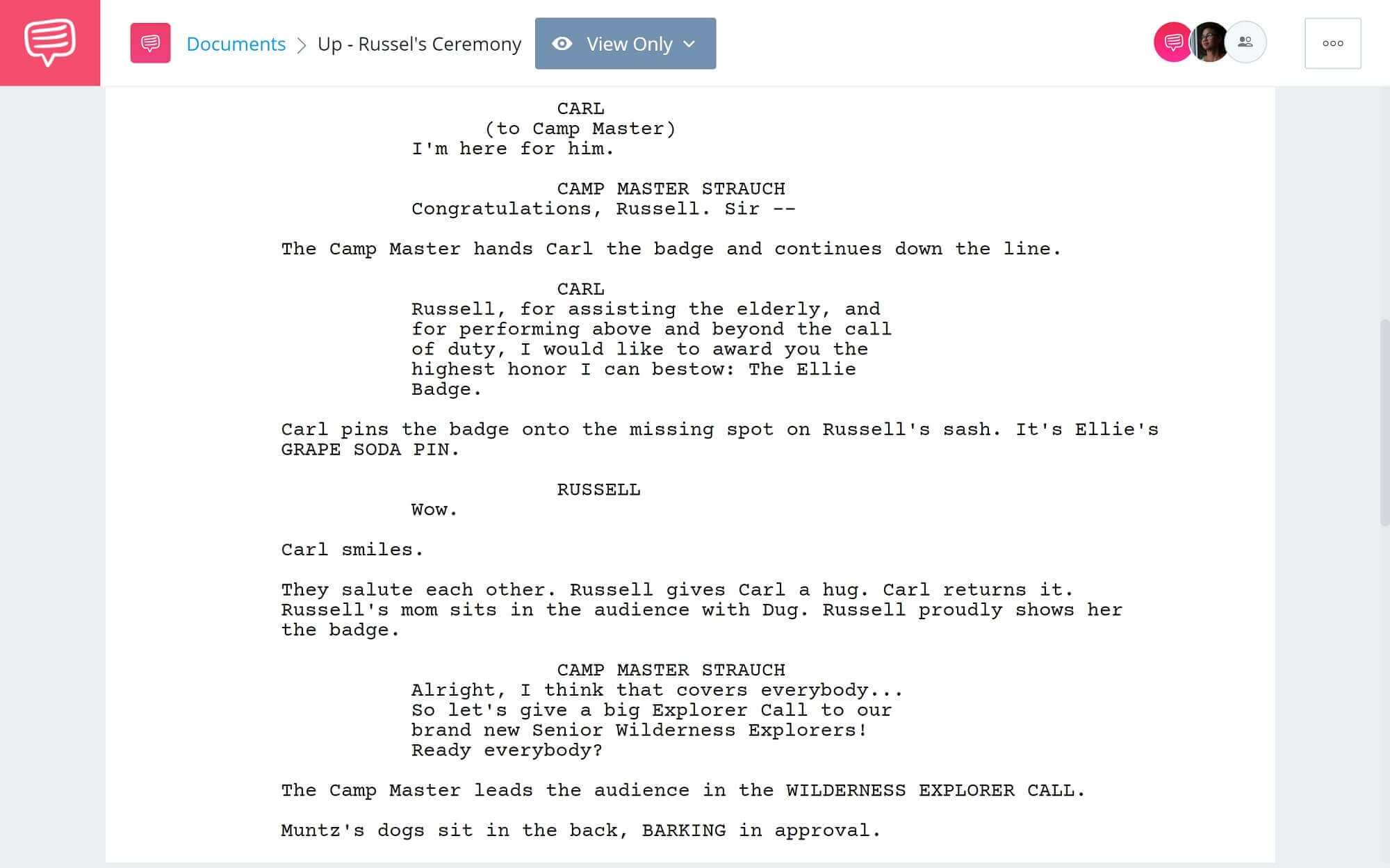 Up Movie Script Teardown - Russel's Awarding Ceremony - Studiobinder Scriptwriting Software